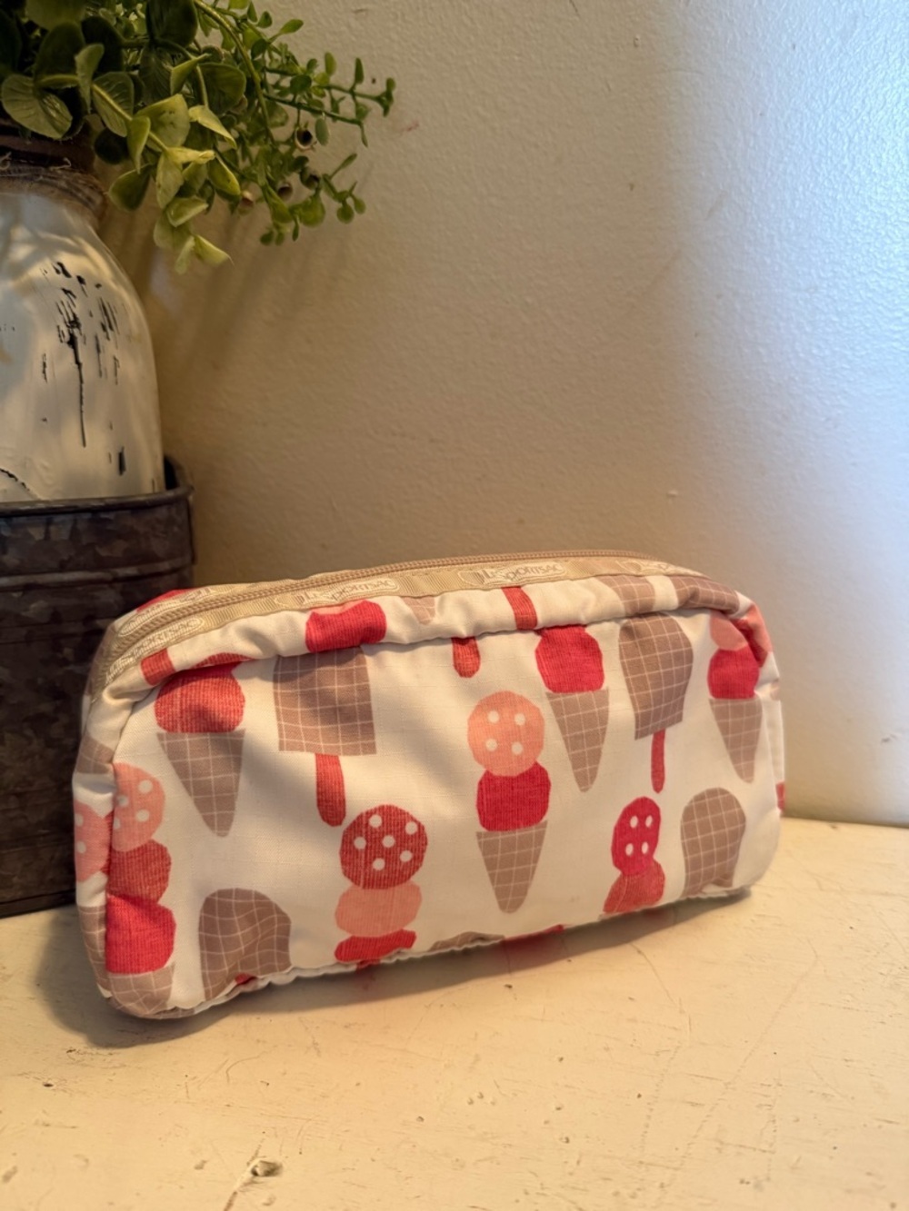 Lesportsac Cream Cosmetic Pouch with Coral & Taupe Ice Cream Print